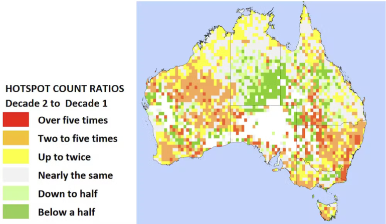 A map of the change in bushfire hotspots across two decades.