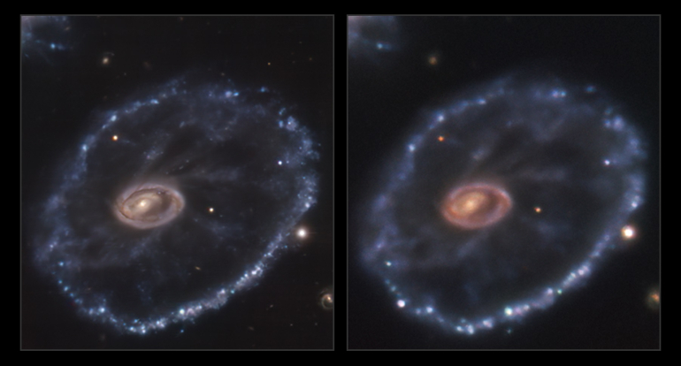 The Cartwheel Galaxy pictured before and during the SN2021afdx supernova. 